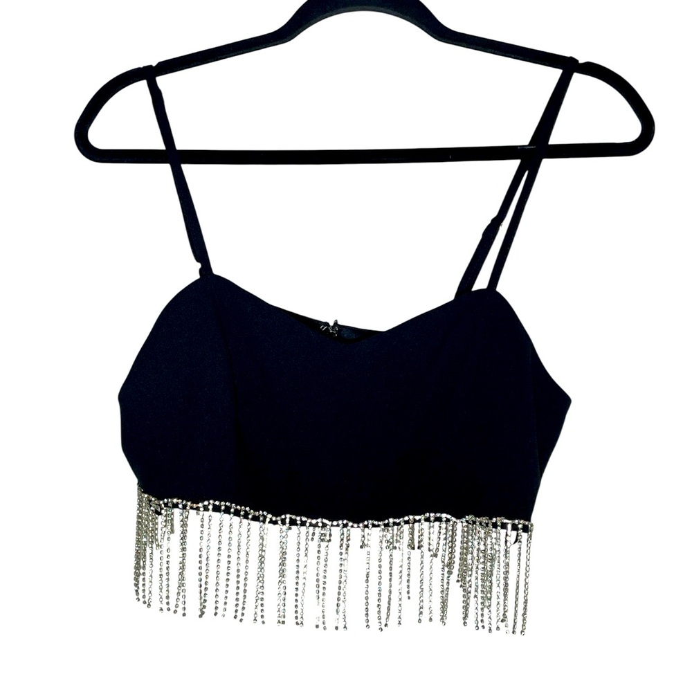 WOMEN'S THE VINTAGE SHOP BLACK  SEQUINS V-NECK TASSEL CROP TOP SIZE MEDIUM